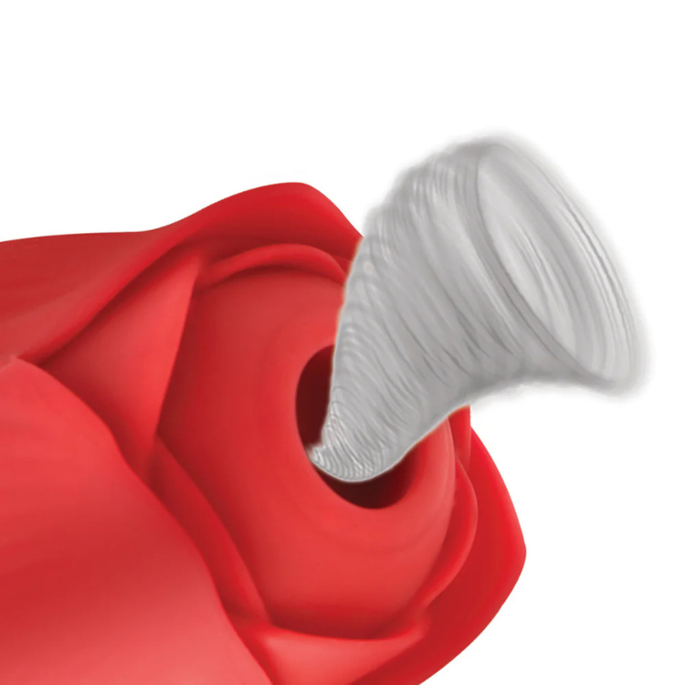 Red rose-shaped wellness device with visible suction action, House of Vices wellness store