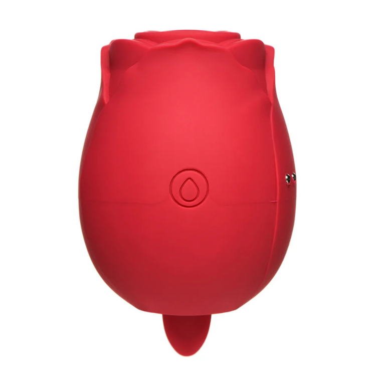 Red rose-shaped personal stimulator with water drop button and smooth silicone texture