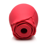 red rose-shaped sucking and licking stimulator sex toy with petal details on white background