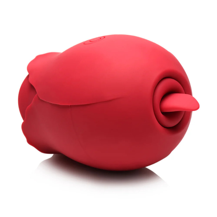 Red silicone rose-shaped stimulator with a tongue-like attachment and power button