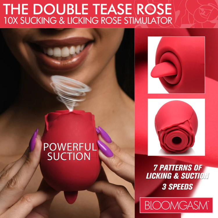 Woman holding red Double Tease Rose stimulator with powerful suction feature, showing tongue and rose designs