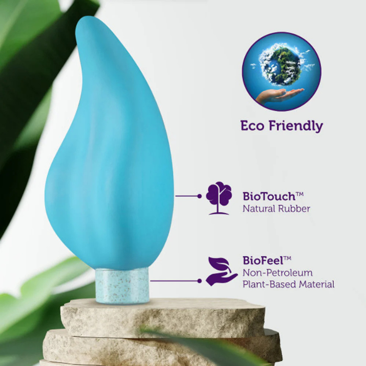 Aqua blue eco-friendly personal wellness massager on stone, made with natural rubber and plant-based materials, House of Vices.