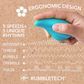 Hand holding aqua ergonomic wellness massager with 5 speeds, RumbleTech technology, House of Vices