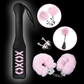 Pink and black bondage set with fluffy cuffs, feather tickler, and XOXO paddle, House of Vices wellness kit.