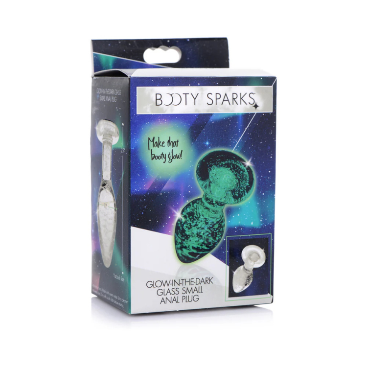 Glow-in-the-dark small glass anal plug in retail packaging with cosmic design