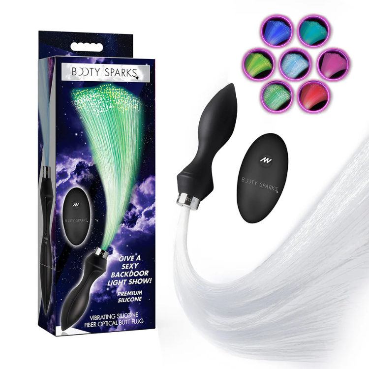 Black silicone vibrating butt plug with optical fiber tail, LED colors, and remote control.