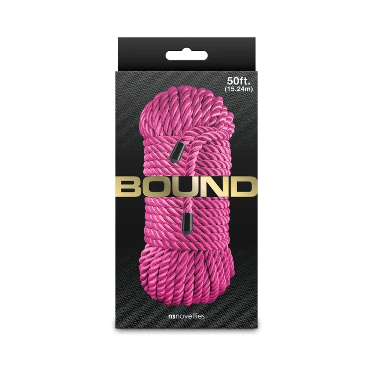 Bound pink bondage rope, 50ft length, packaged in a black box.