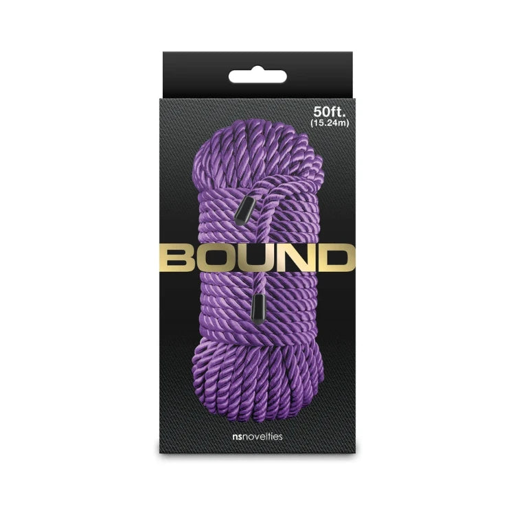 Bound 50ft purple braided rope for bondage, packaged in a black box