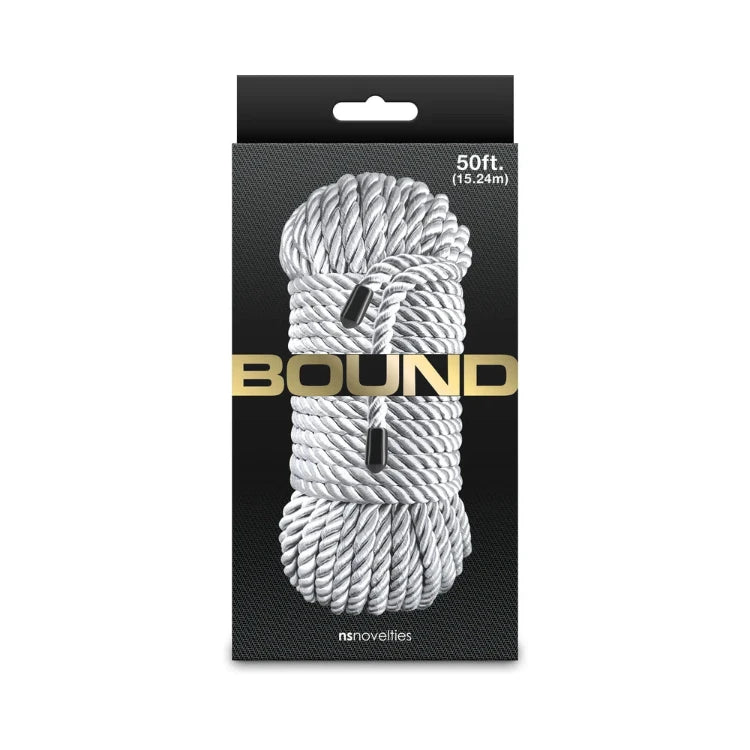 BOUND 50ft white braided bondage rope in black packaging