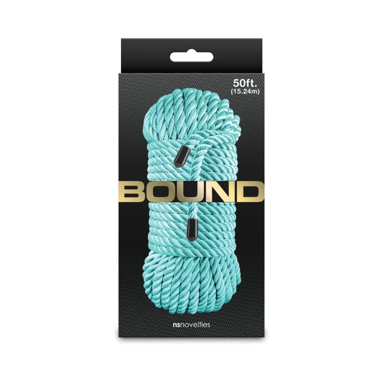 A coil of 50ft light blue Bound bondage rope in black packaging.