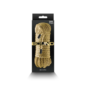 25ft tan bondage rope in retail packaging, coiled and labeled BOUND