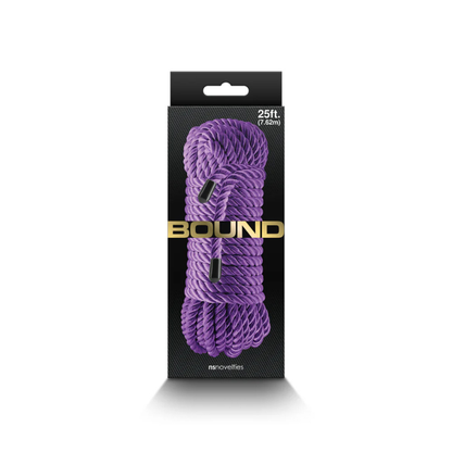 Purple 25 ft bondage rope in retail packaging, labeled Bound, for adult wellness use