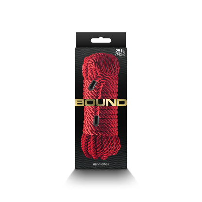 Red 25 ft bondage rope in retail packaging with gold 'Bound' label, adult wellness product