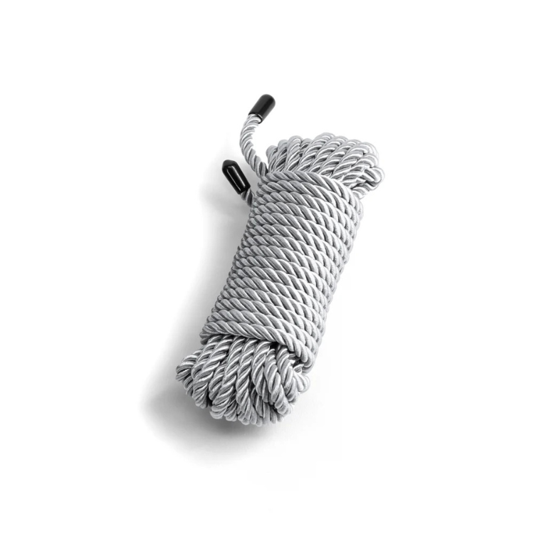 Coiled gray rope with black-tipped ends on white background, 25 ft length, adult essentials