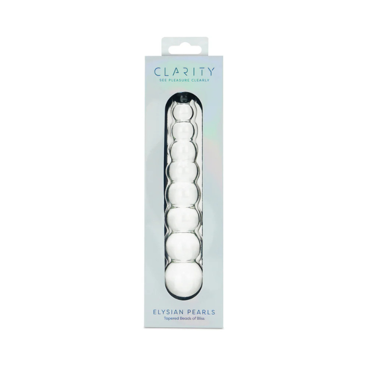 Clarity Elysian Pearls clear beaded glass personal wellness toy in retail packaging, House of Vices