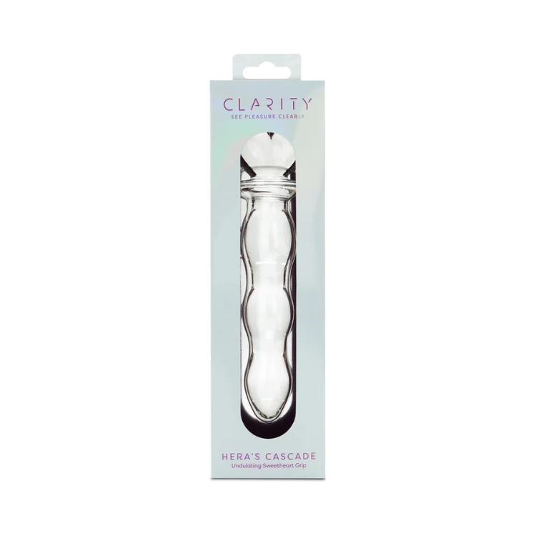 Clarity Hera's Cascade clear glass wellness toy in retail box, House of Vices premium product