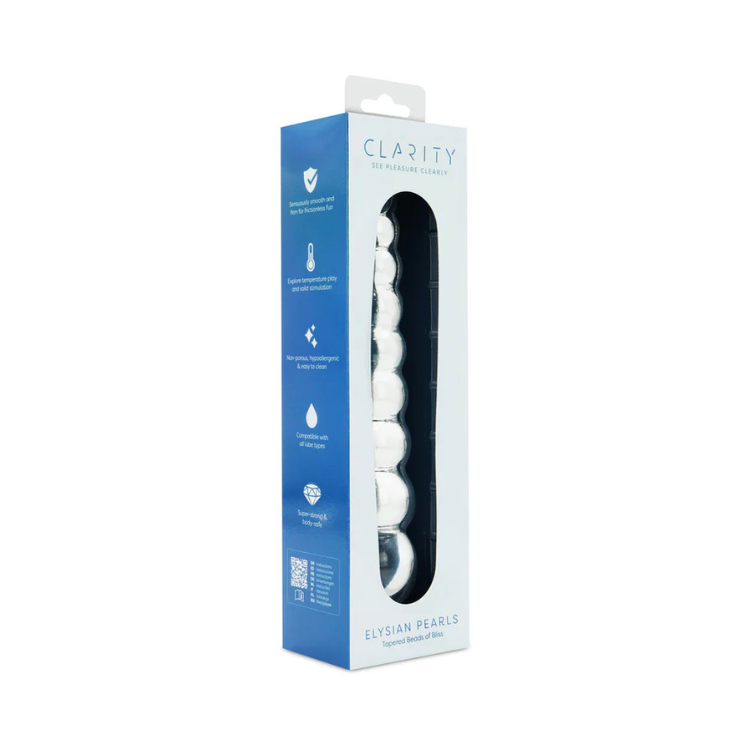 Clarity Elysian Pearls glass toy in blue packaging, premium adult wellness product