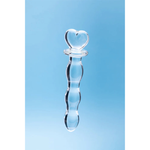 Clear glass toy with heart-shaped handle on light blue background, House of Vices wellness product