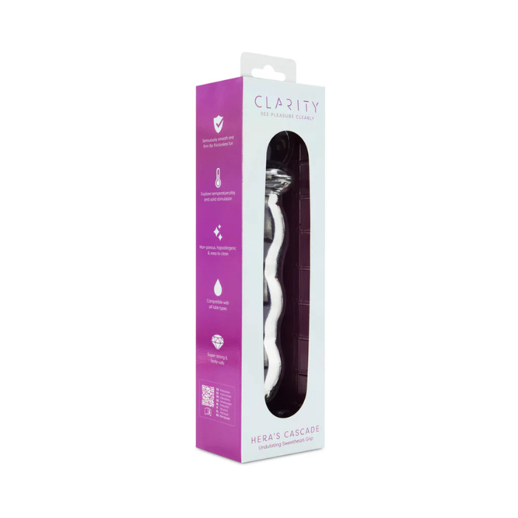 Clarity Hera's Cascade glass wellness toy in purple and white retail box, House of Vices