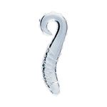 Creative Conceptions Clear glass dildo with curved design and textured spiral pattern on a white background