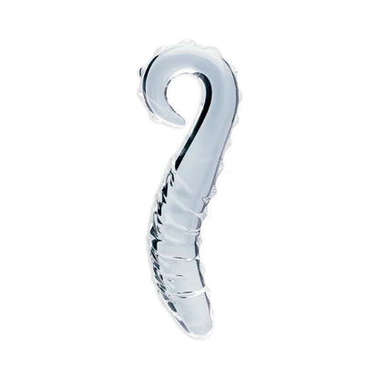 Creative Conceptions Clear glass dildo with curved design and textured spiral pattern on a white background