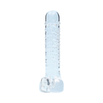 Clear textured glass pleasure toy with realistic details on white background, House of Vices