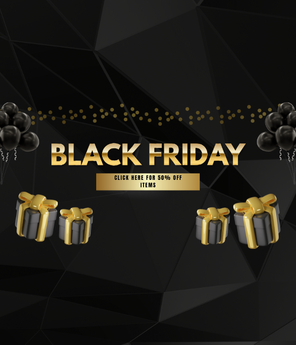 Black Friday sale banner with gold text, black balloons, and 50% off items button on geometric black background