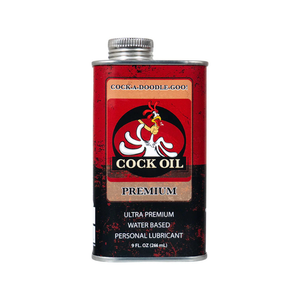 Metal can of Cock Oil premium water-based personal lubricant with red and black label featuring rooster graphic