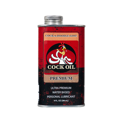 Metal can of Cock Oil premium water-based personal lubricant with red and black label featuring rooster graphic