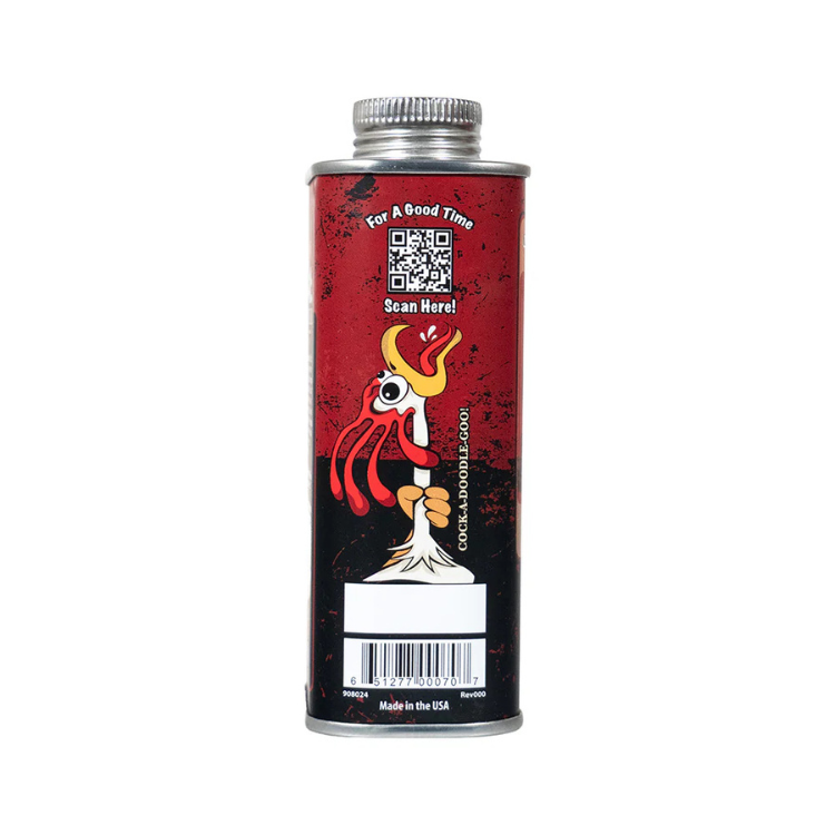 Metal can of Cock Doodle Cool water-based lubricant with red and black label and cartoon rooster design