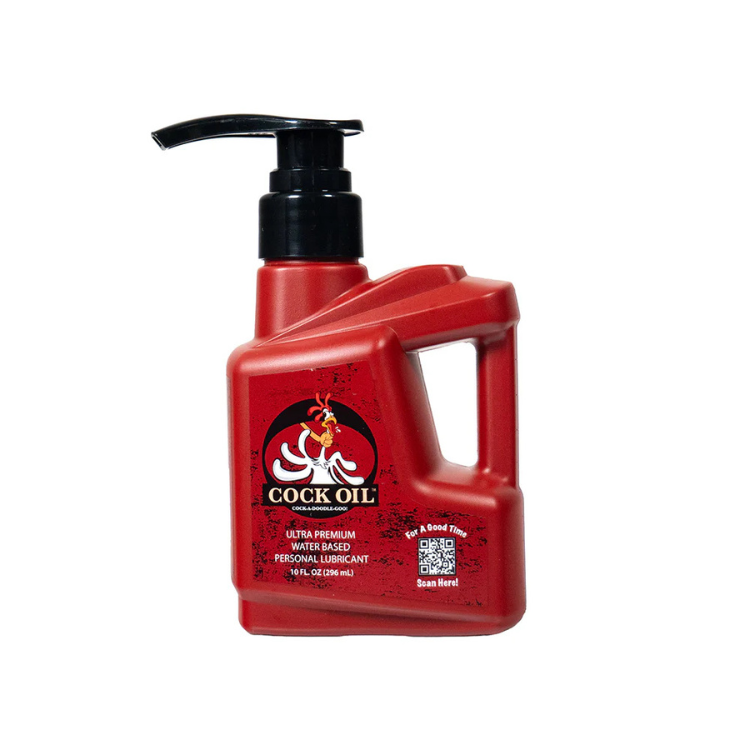 Red plastic bottle of Cock Oil water-based personal lubricant with pump top and rooster logo
