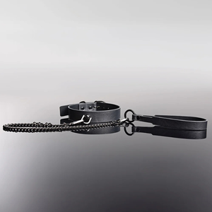 Grey adjustable pleasure collar with matching leash, chain detail, on reflective black surface