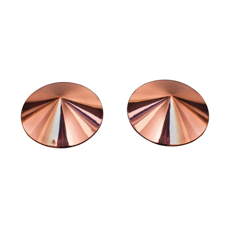 Pair of metallic rose gold cone-shaped pasties on white background, House of Vices lingerie accessory