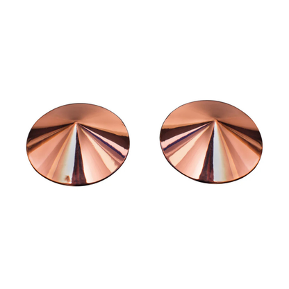 Pair of metallic rose gold cone-shaped pasties on white background, House of Vices lingerie accessory