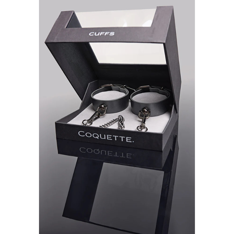 Coquette grey pleasure cuffs in black gift box, House of Vices adult wellness accessory