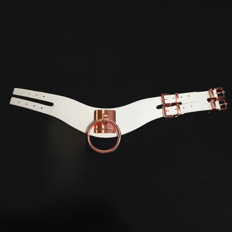 White choker with rose gold buckles and O-ring, House of Vices accessory on black background