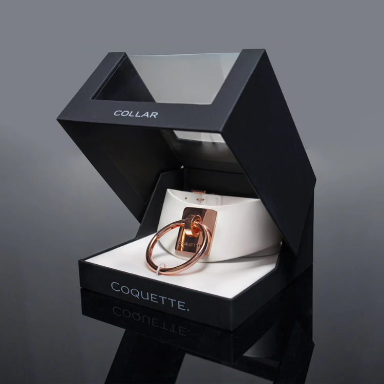 White Coquette choker with rose gold ring in luxury box, House of Vices adult wellness accessory