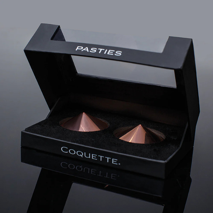 Coquette metallic cone pasties in black display box, House of Vices premium lingerie accessory