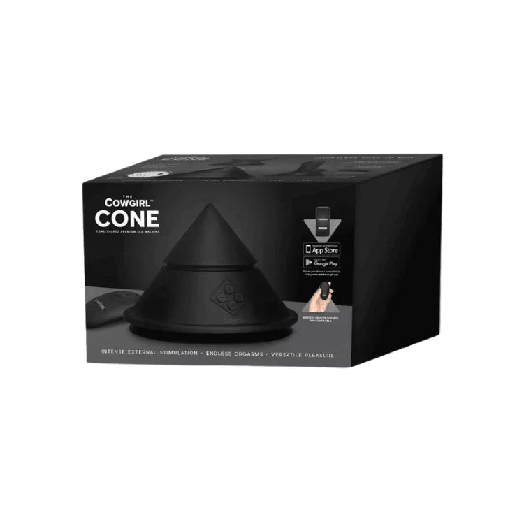 The Cowgirl Cone black sex machine with app and remote control packaging.