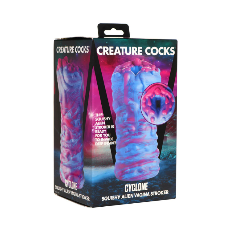 Box featuring Cyclone squishy alien stroker toy with blue, pink sci-fi design and space background