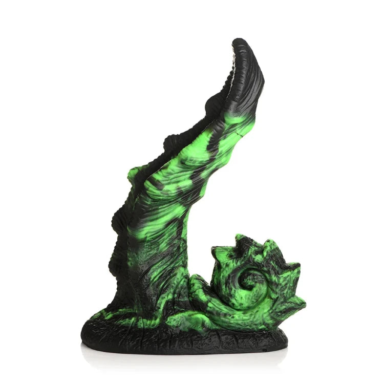Green and black textured alien-themed pleasure sleeve toy on a white background