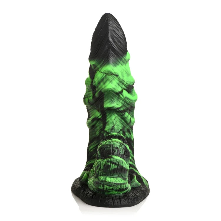 Green and black textured fantasy dildo with ribbed and knobby design