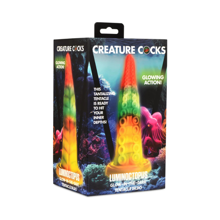Colorful glow-in-the-dark tentacle dildo packaging with underwater theme and octopus design