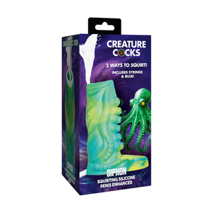 Creature Cocks Siphon green squirt silicone penis enhancer with octopus design in purple packaging