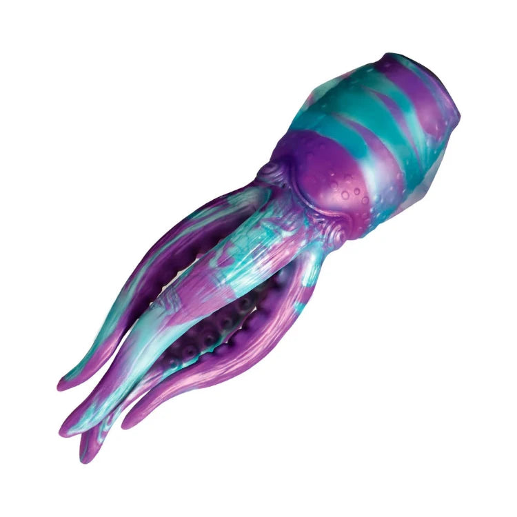 Purple and teal silicone tentacle fantasy toy with detailed suction cup design.