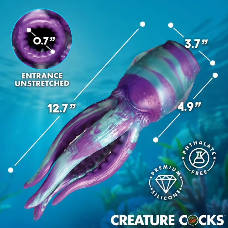 Purple and teal silicone tentacle-shaped masturbator with entrance, length, and width dimensions labeled.