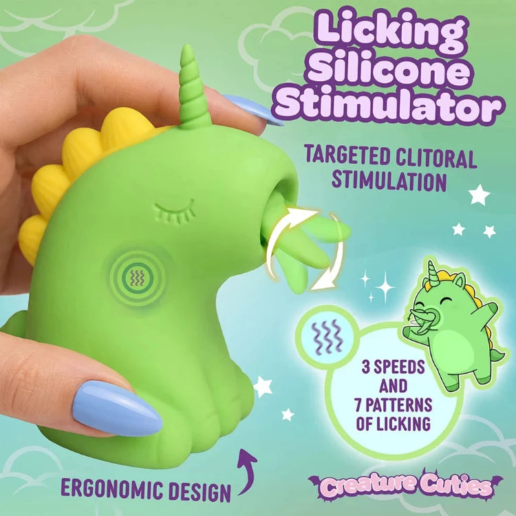 Green XR Brands Creature Cuties Lickyhorn licking stimulator for targeted clitoral stimulation.