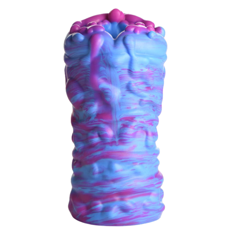 Blue and purple textured silicone alien stroker with a fantasy design on a white background