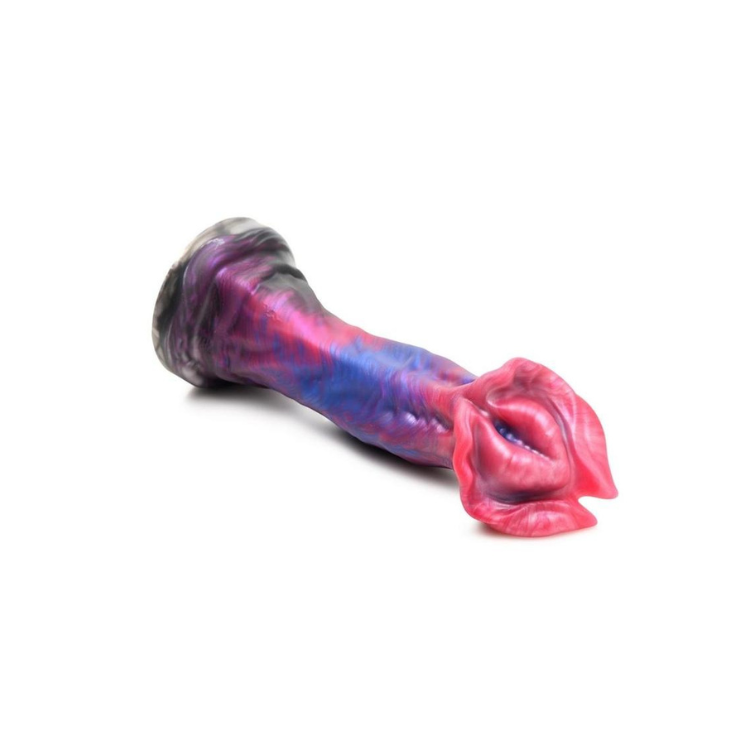 Fantasy silicone dildo with Demogorgon-inspired design in pink, blue, and purple tones