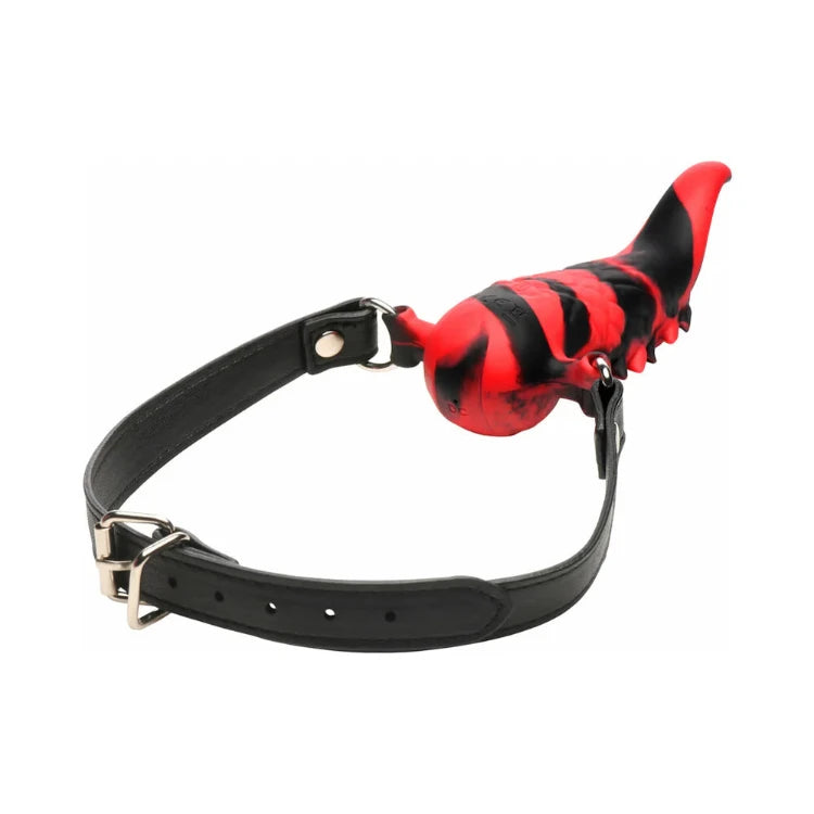 Red and black striped silicone gag with black leather collar, adult play accessory
